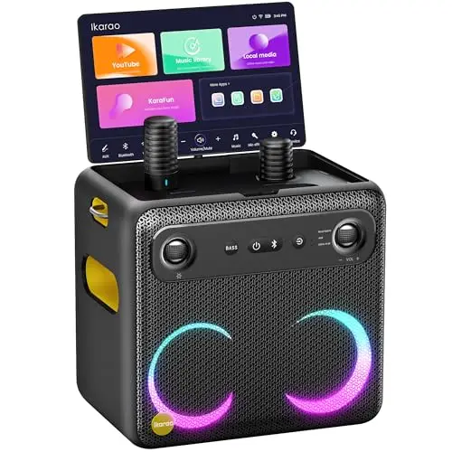 Karaoké Adulte avec Écran, Haut-Parleur Bluetooth Portable Karaoke pour Adultes avec 2 Microphones sans Fil, Système PA pour Adultes et Enfants avec Lumières LED pour Les Fêtes-Break X2 Noir
