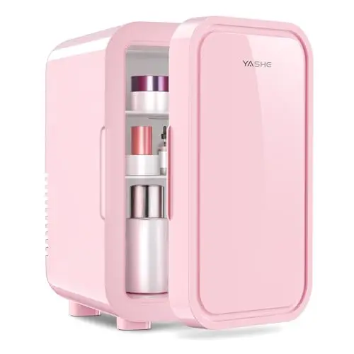 YASHE Mini réfrigérateur, 6 litres/8 canettes 220-240 V AC/DC Réfrigérateur thermoélectrique portable pour chambre à coucher, soins de la peau, boissons, bureau, dortoir et voiture, rose