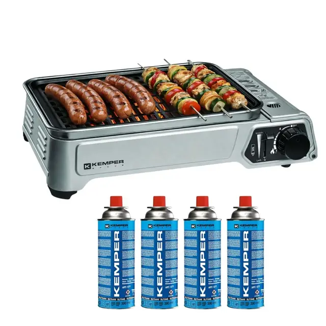 KEMPER - Barbecue Portable à Gaz 1900W avec Allumage Piézo | Plaque Grill Anti-Adhésive | Kit 4 Cartouches Gaz Camping & Mallette de Transport Inclus | Léger & Sécurité CE.