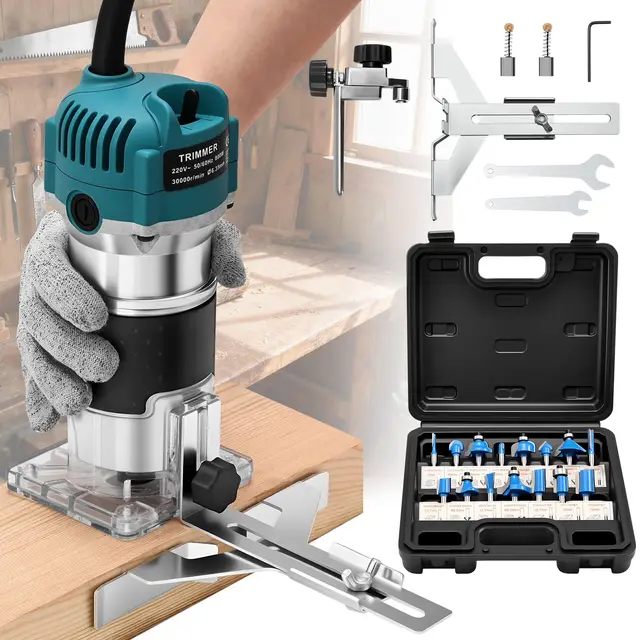 Yofuly Défonceuse à Bois Affleureuse Électrique 800W 13000-33000RPM, Routeur à Bois Électrique avec 15 Fraises à Défoncer Queue de 1/4" pour Travail du Bois