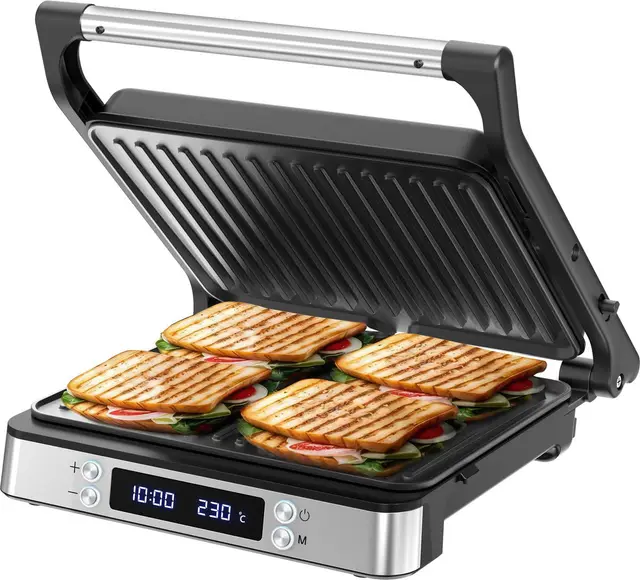 Olvy Appareil à Croque-Monsieur XXL, 2000W, Sandwichmaker, Machine a Panini, 3-en-1, Gaufrier & Grille de Contact, Plaques Antiadhésives, Ouverture 180°, Température Réglable, Minuterie