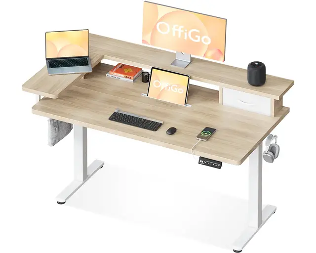 OffiGo Bureau Assis Debout, 120 x 60 cm Bureau Debout Electrique avec Support d'écran en L, Standing Desk avec Tiroir, Table avec Prise USB, Ergonomique Table Ordinateur, Beige