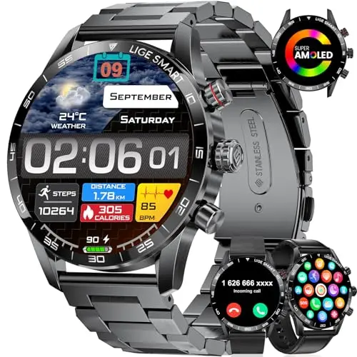 LIGE Montre Connectée Homme(3 Bracelets),1.43" AMOLED Montre Connecté avec Appel Bluetooth Moniteur Fréquence Cardiaque Podomètre, Smart Watch Etanche IP68 pour Android iOS