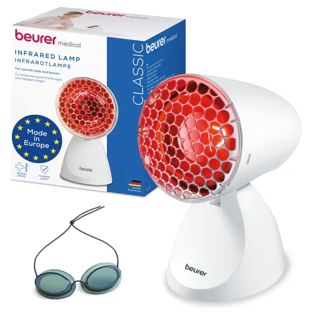 Beurer IL 11 lampe infrarouge avec grille de protection, dispositif médical pour utilisation en cas de rhume et de tension musculaire, 5 niveaux d'inclinaison, lunettes de protection incluses