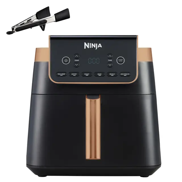 Ninja Air Fryer MAX PRO, 6,2 L, Grand tiroir, rôtir, cuire au four, frire sans huile, familial, antiadhésif, panier/plaque croustillante compatibles lave-vaisselle, pinces, noir/cuivre, AF180EUCP