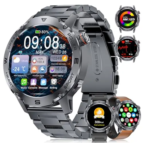 Montre Connectée Homme avec Appels Bluetooth:1.43'' Amoled Écran Smartwatch Homme avec 120 Modes Sport, IP68 Étanche Montre Fitness avec Fréquence Cardiaque/Moniteur de Sommeil pour Android iOS, Noir