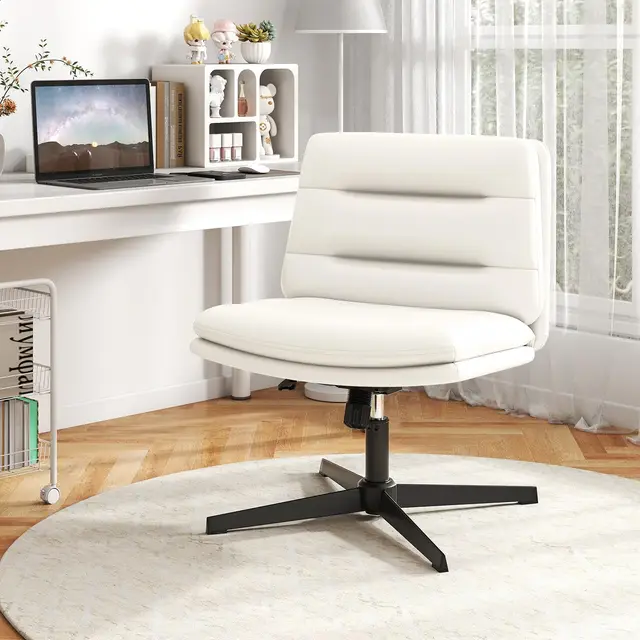 COSTWAY Chaise de Bureau Ergonomique sans roulettes, Fauteuil Salon Pivotant à 360° avec Hauteur Réglable, Fonction à Bascule, Dossier Moyen, Chaise de Bureau en Simili Cuir, sans Accoudoirs (Blanc)