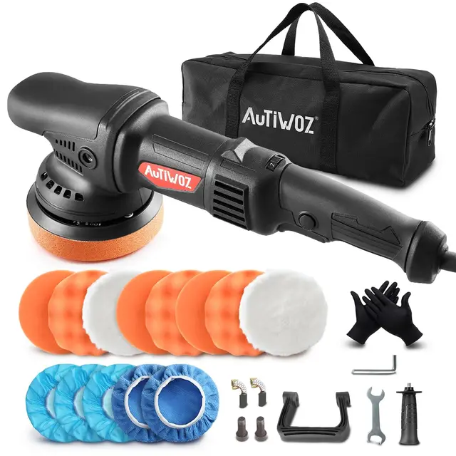 Polisseuse Orbitale,AUTIWOZ 920W Polisseuse Voiture,Excentrique Polisseuse Set,125mm Tampon de Polissage,Poignée D et Poignée Latérale,6 Vitesses,2800-5800RPM,Polissage Voitures,Bateaux et Motos.