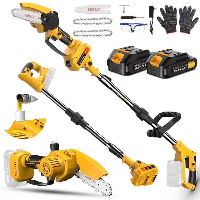2 EN 1 Tronçonneuse à Batterie Télescopique & Elagueuse sur Perche sans Fil Mini Tronconneuse avec 2 Batteries Coupe Branche Electrique avec Système de Lubrification Tête Pivotante pour Jardin