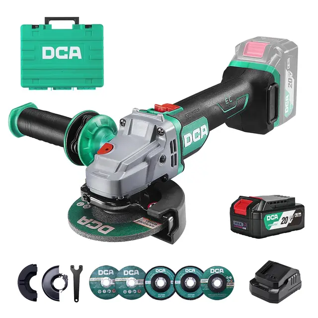 DCA Meuleuse d'angle Sans fil Sans balai 20V, Ø125mm, incl. Batterie 4.0Ah & Chargeur Rapide, 8500 tr/min Meuleuse d'angle avec Capot à Fermeture Rapide, 6 Disques pour Tronçonner, Poncer