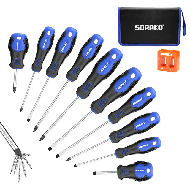 SORAKO Coffret tournevis 11 pièces, Avec démagnétisation 2 en 1, sac en nylon haute densité, pointe magnétique, poignée antidérapante professionnelle, avec 5 embouts plats, 5 cruciformes