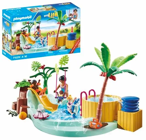 Playmobil Promo Pack 71529 Vacanciers avec Piscine et Bain à remous - Comprenant Un Toboggan et Une Pompe Fonctionnelle Ainsi qu'une Pieuvre Qui pulvérise de l'eau - Univers myLife - Dès 4 Ans