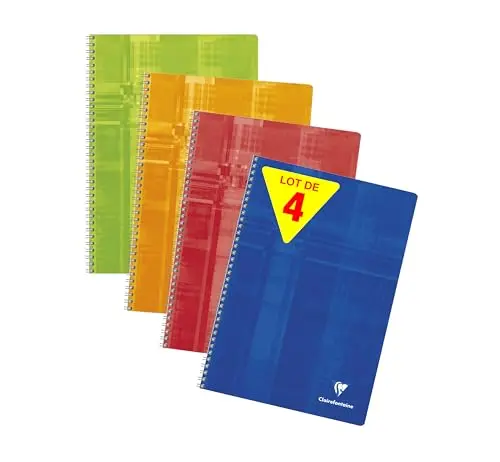 Clairefontaine 68142AMZC Un lot de 4 Cahiers à Spirale - A4 21x29,7 cm - 100 Pages Petits Carreaux - Papier Blanc 90 g - Couverture Carte Pelliculée - Couleurs Assorties Aléatoires