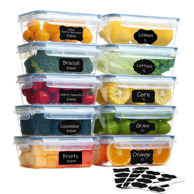 Lot de 10 boîtes de conservation avec couvercle (5x1L + 5x840ml), boîtes de congélation et boîtes de préparation de repas, sans BPA, hermétiques, empilable – Boîte de cuisine et d’aliments