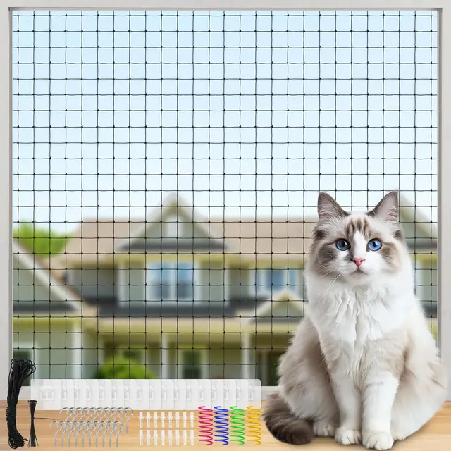 Filet Chat Balcon 4x3m, Filet de Protection Chat Renforcé de Fil d'acier avec Accessoires de Fixation et 4 Jouets à Ressort Colorés, pour Balcons, Portes Extérieures et Fenêtres
