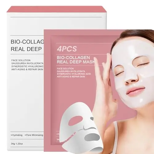 4 Pièces Masque Visage Collagène Bio, Masque Coréen Hydratant Nuit, Anti-Âge, Réducteur de Pores, Soin Visage Femme Peaux Sèches et Ternes, Bio-Collagen Real Deep Mask