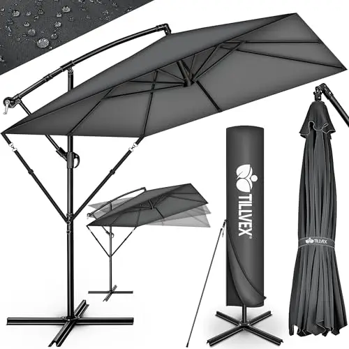 tillvex® Parasol déporté Rectangulaire Ø 330 cm + Housse de Protection & contre le vent | Parasol à manivelle carré avec support | Parasol de jardin Extérieur Anti-UV en aluminium