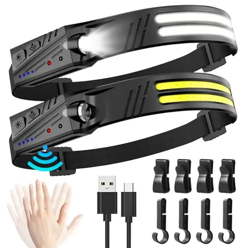 Lampe Frontale Led Ultra Puissante,2 Pièces 2000 Lumens Super Lumineux 2*LED 230° Lampe Torche,1500 mAh Capteur De Mouvement Frontale Rechargeable,Étanche IPX5 0.14lb,Pour Pêche,Camping,Cyclisme