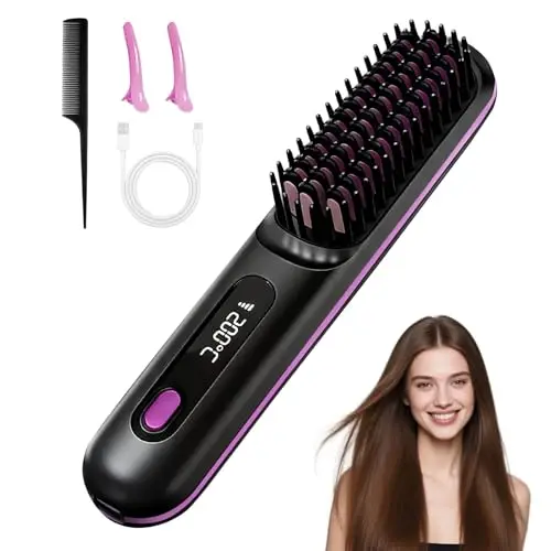 Brosse Chauffante Sans Fil Portable Mini Lisseur Cheveux Court Barbe avec 3 Températures affichage LCD Peigne Lissant Céramique Anti-Brûlure pour Voyage Retouches Rapides Femme All Hair Type