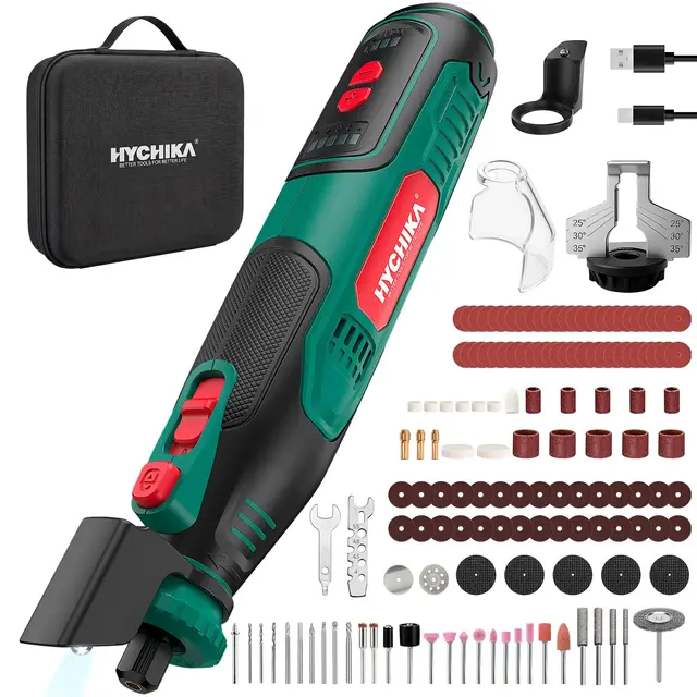 HYCHIKA Outil rotatif sans fil 8V 2,0Ah batterie, 5 vitesses max 30000 tr/min. Kit 145 accessoires avec affûteuse pour tronçonneuse et lampe LED. Pour ponçage, polissage, coupe, perçage, gravure DIY