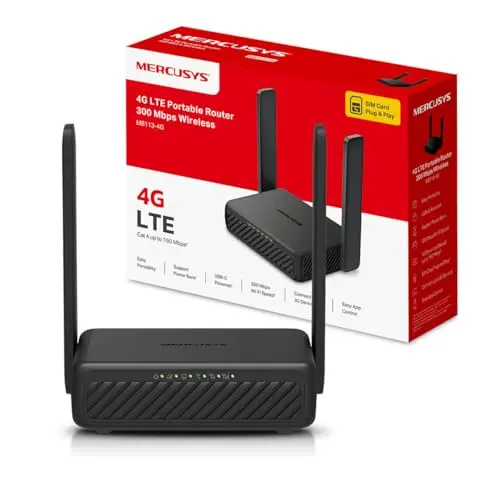 Mercusys MB113-4G TP-Link Routeur 4G LTE, WiFi 300 Mbps en 2.4 Ghz, Carte SIM Nano, 2 Antennes Puissantes, Jusqu’à 32 Appareils, USB C, Mode routeur Via Ports WAN/LAN, Compatible Multi-Opérateurs,