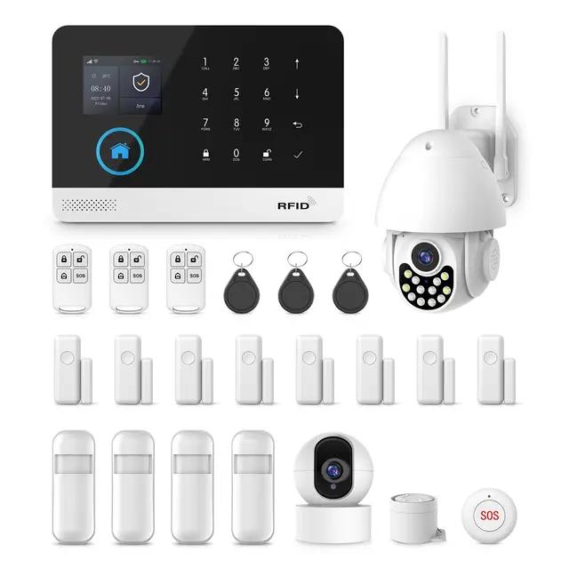 PGST Alarme Maison sans Fil Intelligent WiFi/GSM avec Caméra Surveillance Extérieure et Caméra Surveillance Intérieure, Système d'alarme 4G, Compatible avec Alexa et Google Assistant