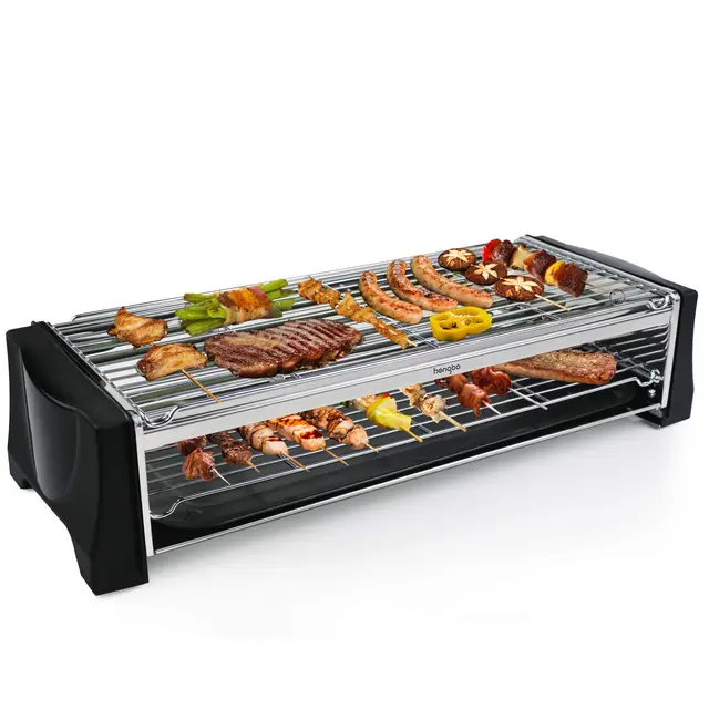 HengBO Barbecue Electrique de Table, BBQ Electrique Sans Fumée avec Espace Barbecue à Deux étages, Bac Collecteur, Thermostat Réglable, 2200 W, Noir