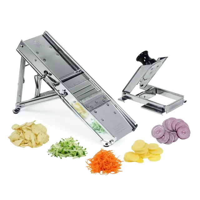Louis Tellier – Mandoline Inox Professionnelle avec Chariot – Fabriqué en France – 2 Peignes 3 et 10 mm pour Frites et Julienne – Lame Lisse et Gaufrée Réglable