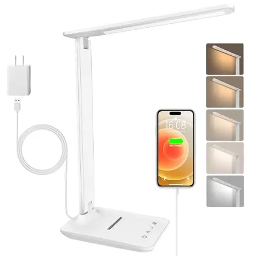 Lampe de Bureau LED avec Adaptateur, Pliable Lampe de Chevet Dimmable avec 5 Modes de Couleur et 5 Niveaux de Luminosité, Port de Charge USB, Pour Lecture Travail (Blanc, Normal)