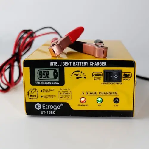 Etrogo Chargeur de Batterie 12V 6V 1A-15A Intelligent Entièrement Automatique Chargeur d'impulsions avec écran à Barre LED pour Voiture Moto