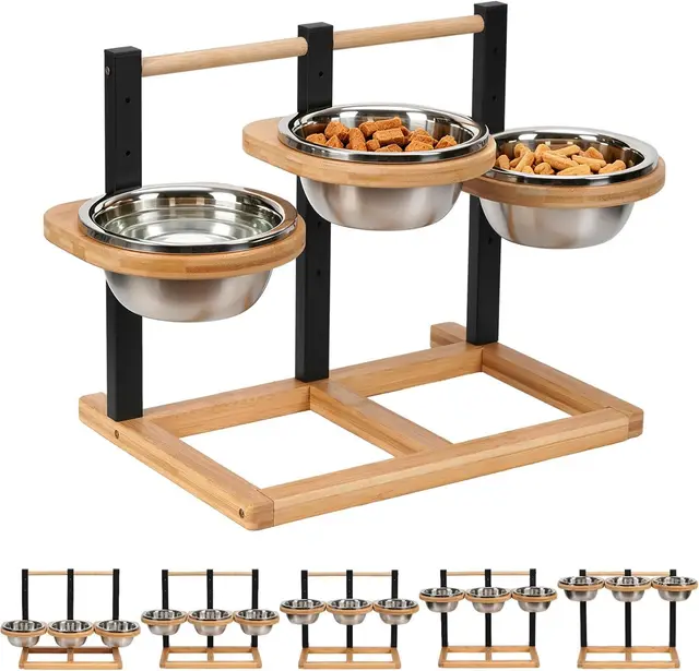 Gamelles surélevées pour Chien - 5 Niveaux réglables en Hauteur - avec 3 gamelles en Acier Inoxydable de 1400 ML et Support surélevé en Bois pour Chien - Gamelle pour