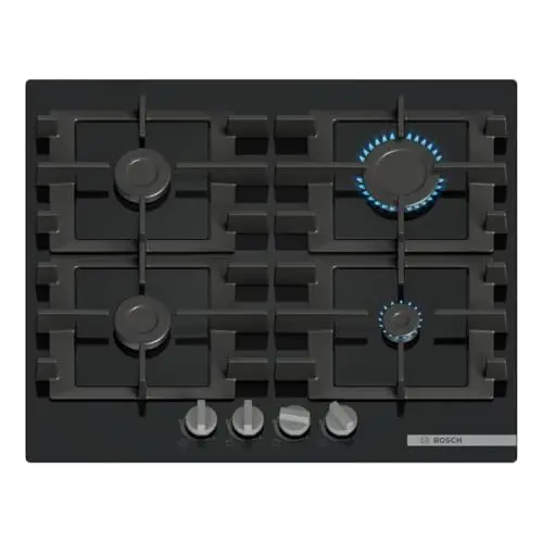 Bosch PNP6B6K40 Série 4 Plaque de cuisson à gaz, 60 cm, verre trempé, grilles en fonte lavables au lave-vaisselle, noir, série 6, verre noir