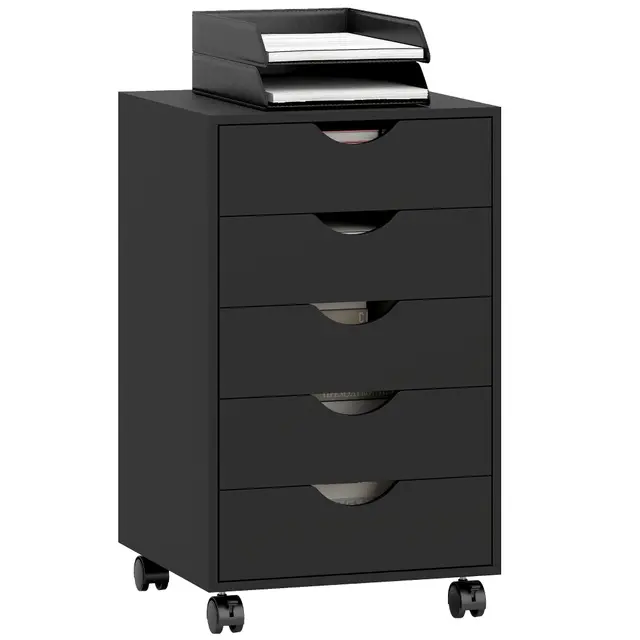 HOMCOM Caisson bureau mobile avec 5 tiroirs, meuble rangement bureau sur roulettes pour documents et imprimante, caisson de rangement compact pour travail ou chambre, 40 x 40 x 67 cm, noir