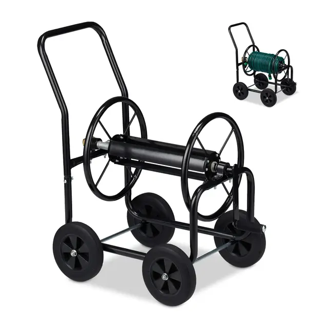 Relaxdays Chariot à tuyaux en métal, 4 Roues en Caoutchouc, XL Enrouleur tuyaux, Manivelle, Tuyau 60 m, HlP 81x48x80cm