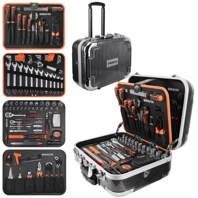 REALTEK Malette Outils, Caisse à Outils Complete 123 pièces, Boite a Outils Portables pour la Maison Avec Ensemble de Clés à Douille, Set tournevis, marteau, clés de serrage, et autres accessoires