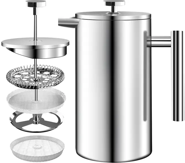 KICHLY Cafetière à piston en acier inoxydable - Machine à expresso et à thé avec triple filtres - Verre résistant à la chaleur avec piston en acier - Cafetière portable - 34 oz (1,0 litre) - Argent