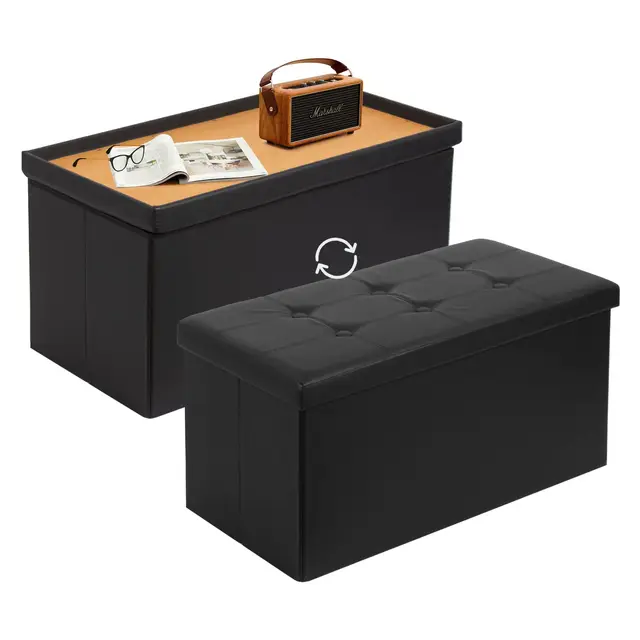 Todeco Coffre de Rangement avec 2 en 1 Couvercle, Banc de Rangement Pliable Similicuir, Ottoman avec Espace de Stockage, Pouf Rangement Interieur 80L pour Salon Chembre, Noir