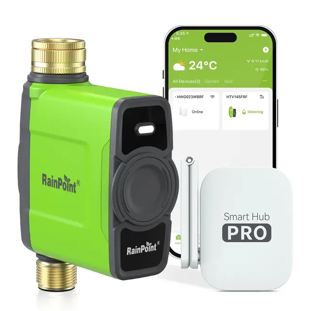 RAINPOINT Programmateur Arrosage WiFi avec Entrée et Sortie en Laiton, Smart Minuteur Arrosage Automatique Commande APP/vocale, Arrosage basé sur Météo, Retard de Pluie/Manuel, Étanche IP65