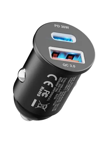 GRIFEMA Chargeur Allume Cigare USB C 30W, Chargeur Voiture Rapide Double Port avec USB-C PD 30W et USB-A QC 3.0 18W, Prise Allume Cigare 12V pour iPhone 16 15 14, Samsung, iPad–Boîtier en Aluminium