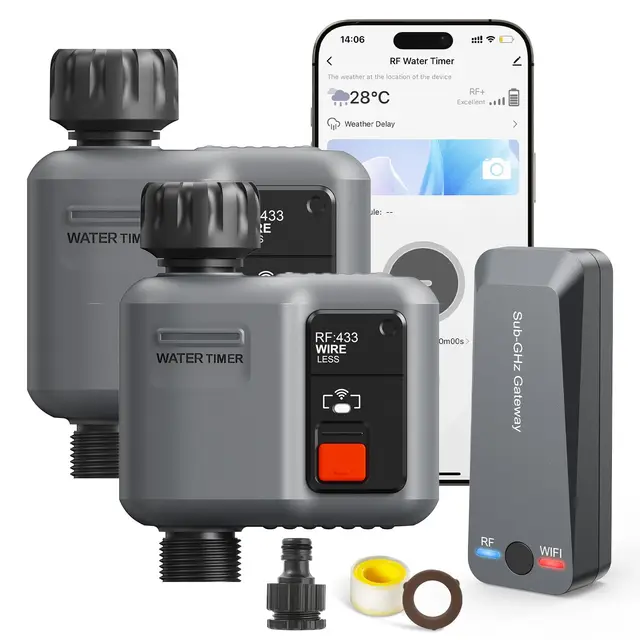 johgee Lot de 2 ordinateurs d'irrigation Wi-Fi avec technologie RF 300 m, minuteur d'irrigation pour arrosage de jardin, compatible avec l'application Alexa & Smart Life, système d'irrigation