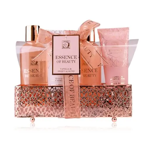 Accentra Coffret bain SALSA ESSENCE OF BEAUTY pour femmes dans panier, avec gel, bain moussant, lotion corps, exfoliant, parfum Vanille et Amande, cadeau de luxe pour femmes