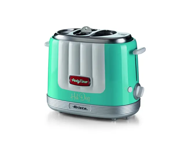 Ariete 206 Hot Dog Maker Party Time, Hot Dog Maker, 650 W, 5 niveaux de cuisson, 4 espaces de cuisson, éjection automatique, bleu clair