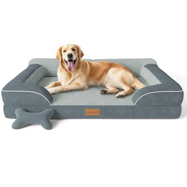 CWAWZ Panier Chien Grande Taille, XL Lit pour Chien Orthopedique Memoire de Forme Lavable, Canapé Chien Imperméable en Velours Hollandais avec Jouet en Forme d'os,Gris Foncé