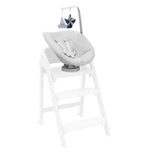Chicco Transat bébé pour chaise haute Crescendo, deux positions d'inclinaison, rembourrage en coton bilogique, housse amovible et lavable en machine, avec barre de jeux et pendentifs, Max 9 kg, gris