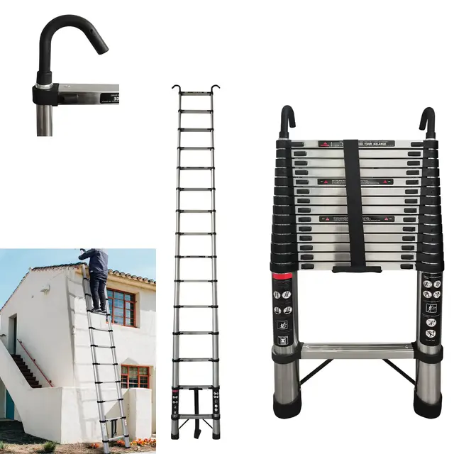 Échelle télescopique extensible antidérapante avec crochet amovible, échelle télescopique multifonction avec pieds antidérapants, 14 échelons - Charge maximale : 150 kg - 4,4 m