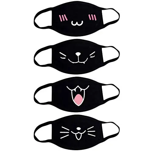 Lot de 4 masques de bouche animés - Unisexe - En coton - Anti-poussière - Mode Kawaii mignon - Réutilisable - Noir avec motif, Lot de 4 - A, 4 Stück (1er Pack)