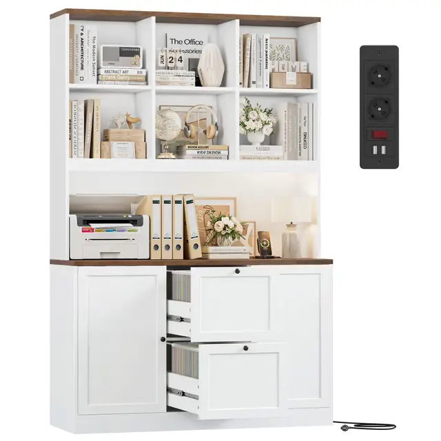 FirFurd Bibliotheque Meuble de Rangement avec Prise/USB, 2 Portes 2 Tiroirs pour Dossiers Suspendus, Armoire Bureau Bibliothèque Livre pour Salon Cuisine 116x40x182cm Blanc