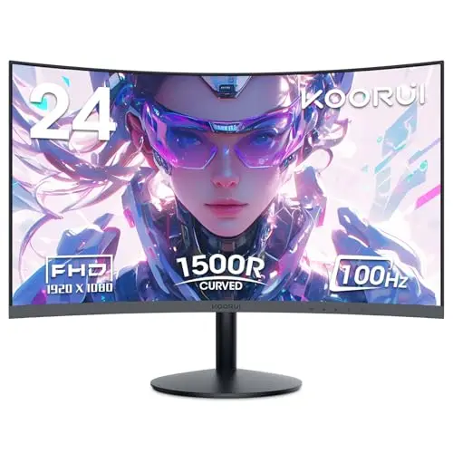 KOORUI Monitor Curvo - 23,6 Pulgadas Full HD (1920 x 1080 a 100 Hz, VA, 3 ms, Curvatura 1500R, HDMI, VGA,Ajustables, Antirreflejo, Inclinación Eye Ease,Monitor Gaming) Negro