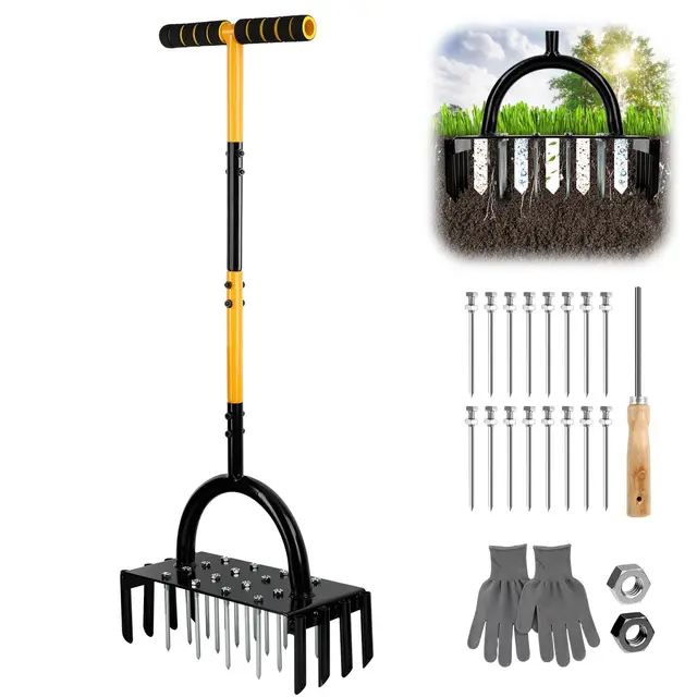 Aérateur Gazon, 96cm Aérateurs Gazon Manuels avec Outil de Nettoyage, Aérateur de Pelouse Manuel pour Entretien Jardin/Cour, Aérateur de Pelouse, Poignée en T Antidérapante, Aérateur Manuel - 24 Dents