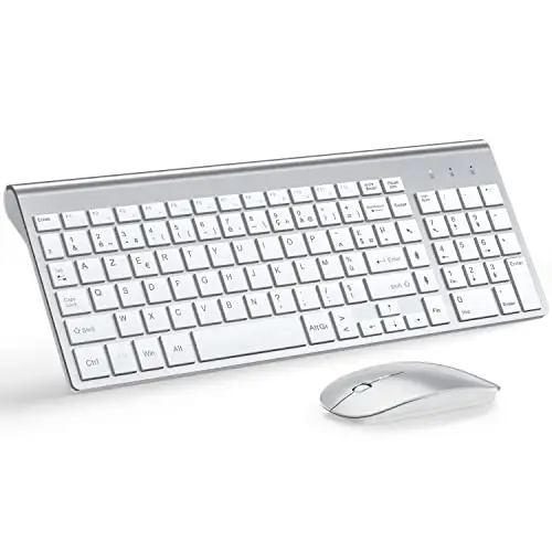 TopMate Ensemble Clavier et Souris sans Fil Ultra-Mince, 2.4G Silent Compact Clavier de Souris 2400DPI Pleine Taille, Clavier avec Couvercle, Piles 2 AA et AAA, pour PC/Laptop/Windows/Mac-Argent Blanc